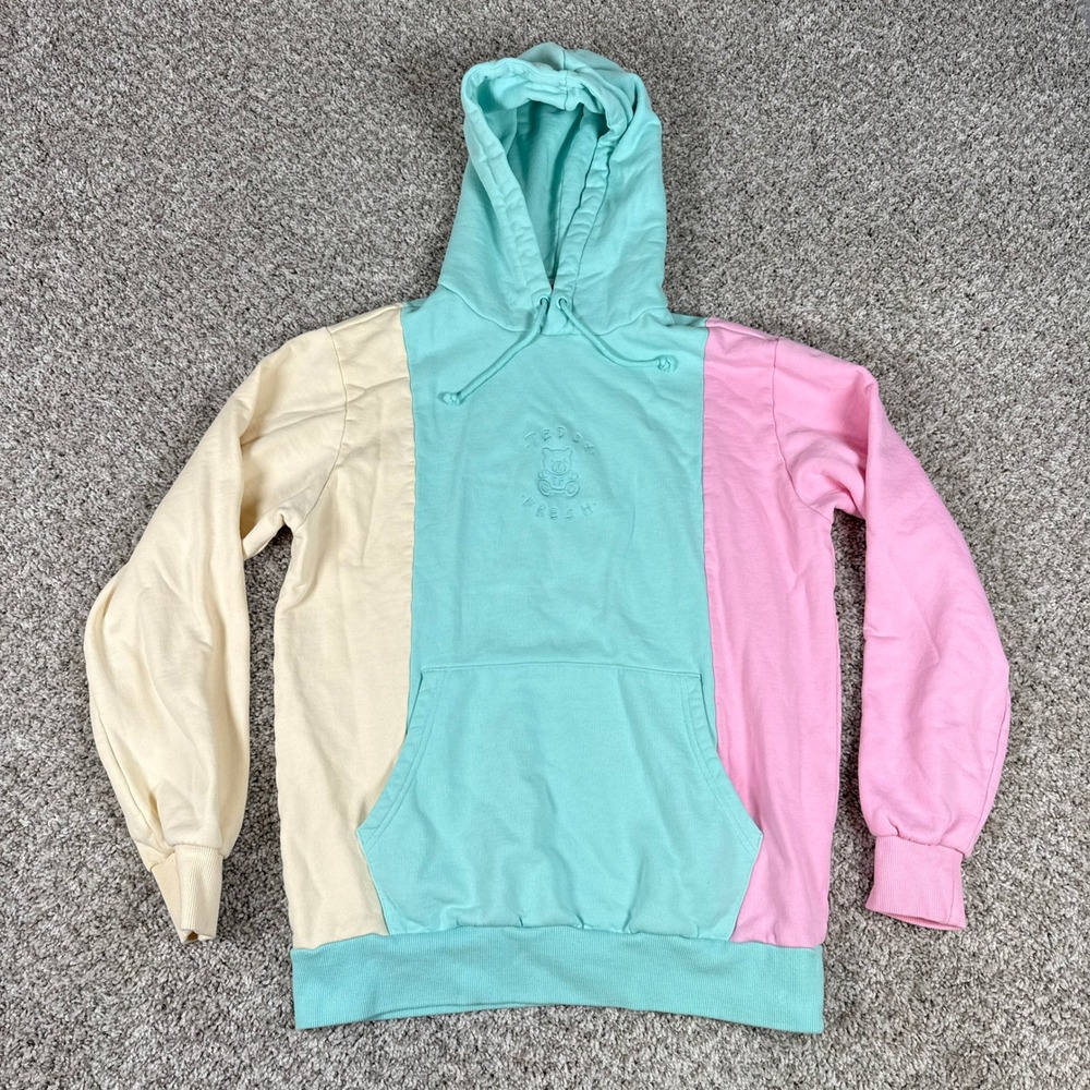 Teddy Fresh Hoodie Mens Medium Pastel Pink Yellow Colorblock  Logo Pullover
